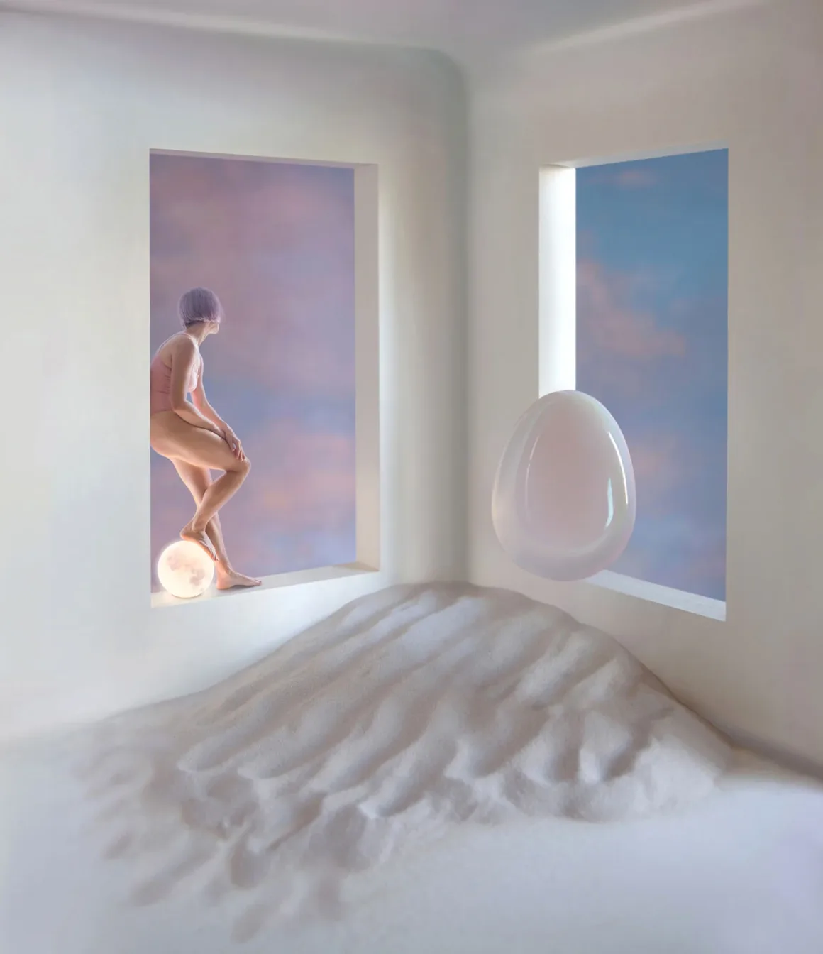 Minimalist Fotoğraf Ödülleri 2026: Kazananlar Sadeliğin Gücünü Gösteriyor 50 A person with short purple hair sits in a window frame, resting one foot on a glowing orb, while a large egg floats nearby.