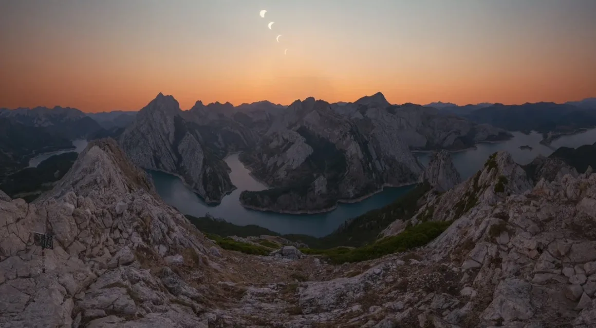 Angel Fux, Tam Güneş Tutulmasını Tek Bir Fotoğrafta Zamana Dönüştürdü 19 A composite view of a solar eclipse over a winding river valley surrounded by rugged, rocky mountains at sunset.