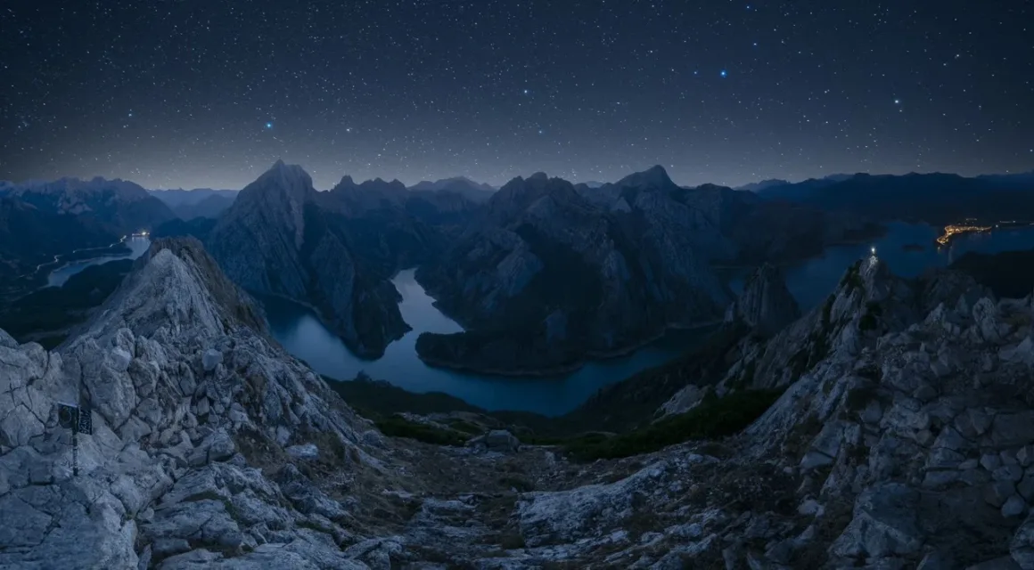 Angel Fux, Tam Güneş Tutulmasını Tek Bir Fotoğrafta Zamana Dönüştürdü 24 A panoramic night view of a winding river valley surrounded by jagged, rocky mountains under a starry sky.