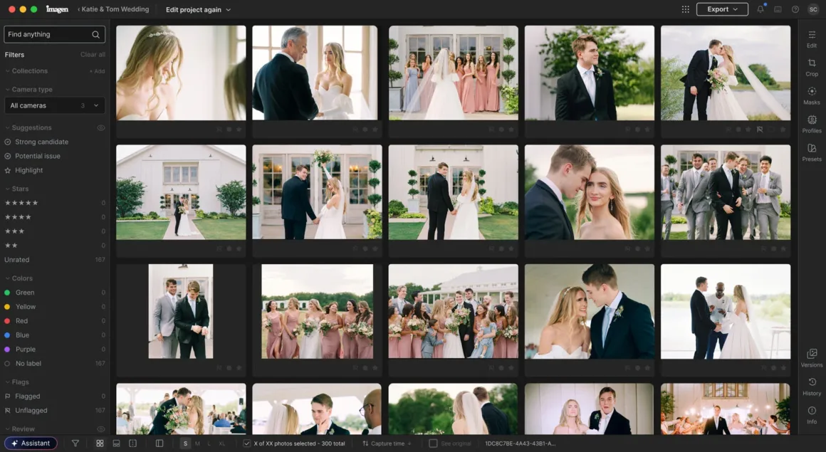 Imagen, Yapay Zekâ Destekli Çalışma Alanına Tam Manuel RAW Düzenleme Ekledi 21 A grid view of wedding photographs in a photo editing software interface, showing various portraits of a bride and groom.