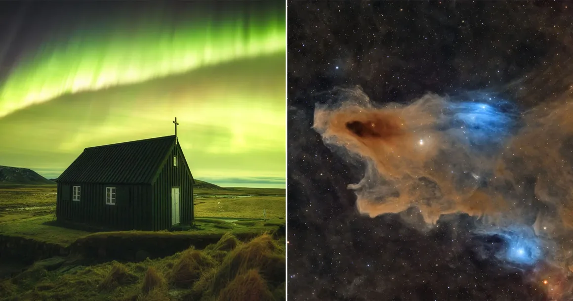 Astronomy Photographer of the Year 2026: Bu Dünyadan Olmayan 31 Kazanan 18 Astronomy Photographer of the Year 2026: Bu Dünyadan Olmayan 31 Kazanan
Yeşil kutup ışıkları altındaki siyah kilise ve derin uzaydaki renkli bulutsudan oluşan bölünmüş görüntü.