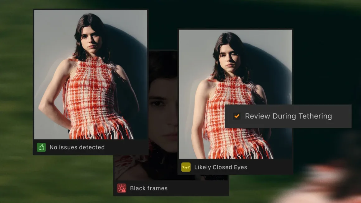 Capture One, İki Canon Kameraya Daha Kablosuz Tethering Getiriyor 18 Üç Capture One penceresinde moda portreleri; sorun yok, muhtemelen kapalı göz ve siyah kare uyarıları görülüyor.