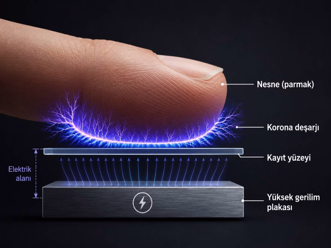 Nesne, kayıt yüzeyi, elektrot ve korona deşarjını gösteren Kirlian fotoğrafçılığı şeması