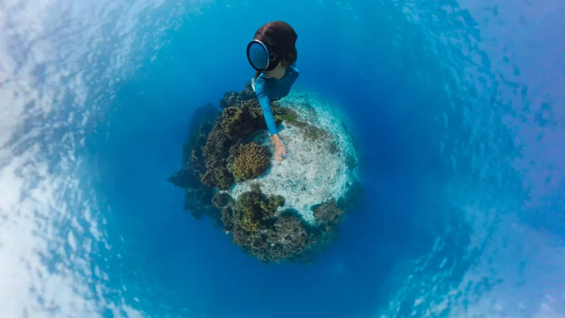 A person wearing a mask and blue long-sleeved shirt swims above a coral reef in a 360-degree spherical view.