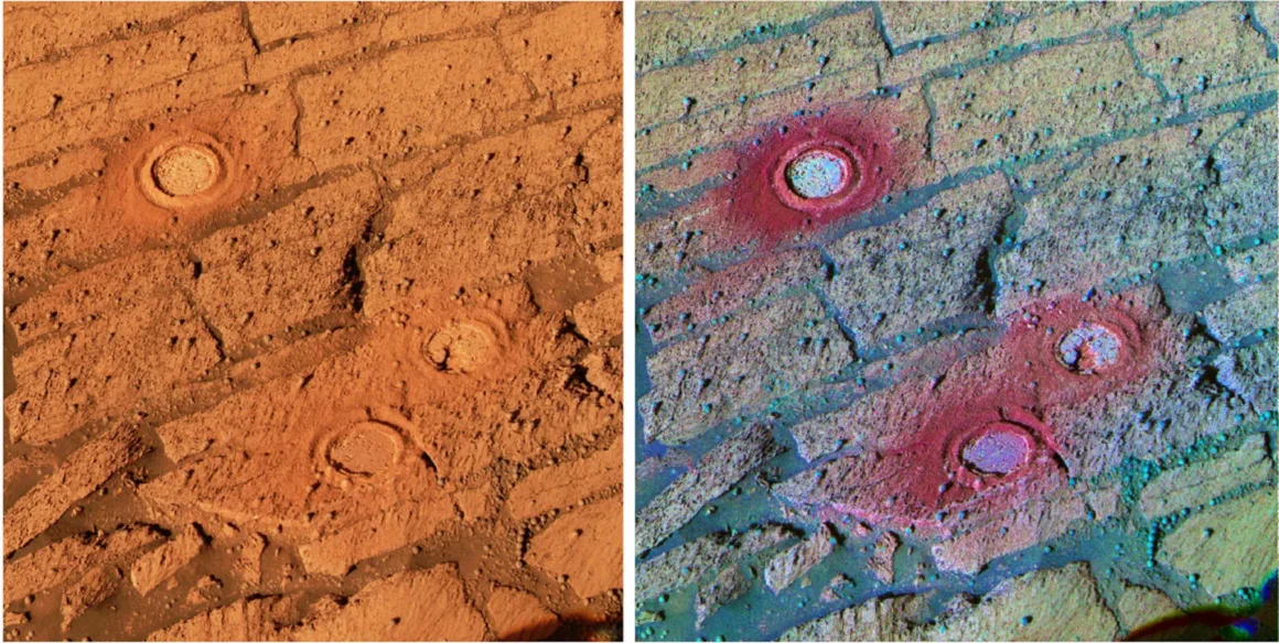 NASA’nın Mars Görüntü Tekniği Dünya’daki Antik Kaya Sanatını Ortaya Çıkardı 20 Üç dairesel sondaj deliğini gösteren kayalık Mars yüzeyinin karşılaştırmalı görünümü; sağdaki görüntü mineral bileşimini vurgulamak için yalancı renk kullanıyor.