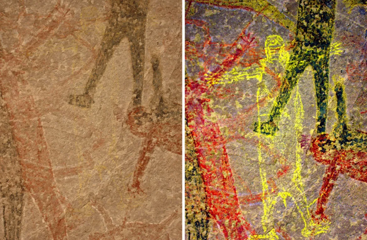 A split-screen comparison of a rock painting, with the left side showing the original faded pigments and the right side showing a digitally enhanced version with high-contrast yellow and red outlines.