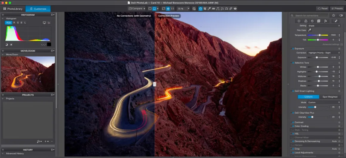 DxO PhotoLab 10: Yaratıcı Kontrolden Vazgeçmeden Daha Hızlı RAW Düzenleme 24 DxO PhotoLab yazılımındaki bölünmüş ekran görünümünde, gün batımında kıvrımlı bir dağ yolunun karşılaştırması gösteriliyor; sol taraf düzeltilmemişken sağ tarafta renk ve pozlama ayarları görülüyor.