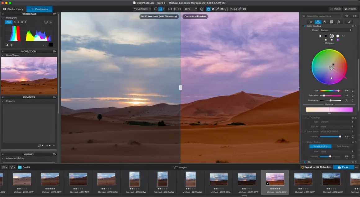 DxO PhotoLab 10: Yaratıcı Kontrolden Vazgeçmeden Daha Hızlı RAW Düzenleme 31 DxO PhotoLab yazılımındaki bölünmüş ekran görünümünde gün batımında bir çöl manzarası gösteriliyor; sol taraf düzenlenmemişken sağ tarafta mor tonlu bir renk derecelendirmesi görülüyor.
