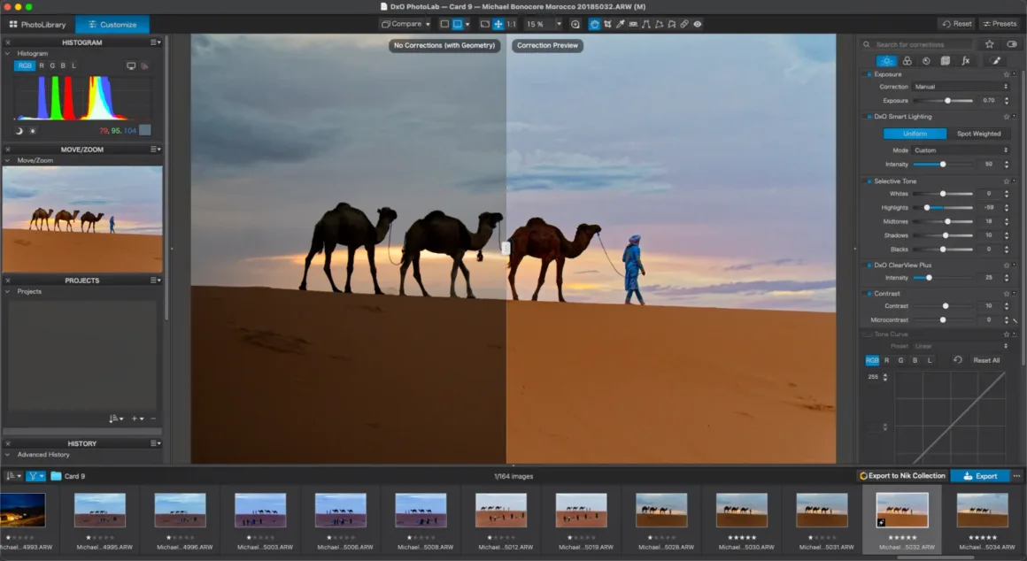 DxO PhotoLab 10: Yaratıcı Kontrolden Vazgeçmeden Daha Hızlı RAW Düzenleme 29 DxO PhotoLab yazılımındaki bölünmüş ekran görünümünde, develerin ve bir kişinin yer aldığı çöl sahnesinin sol taraftaki düzenlenmemiş sürümüyle sağ taraftaki düzenlenmiş sürümü karşılaştırılıyor.
