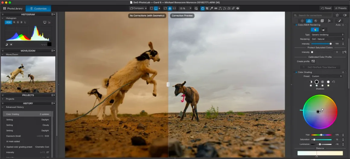 DxO PhotoLab 10: Yaratıcı Kontrolden Vazgeçmeden Daha Hızlı RAW Düzenleme 34 DxO PhotoLab yazılımındaki bölünmüş ekran görünümünde, sol tarafta zıplayan keçilerin sıcak tonlu RAW görüntüsü, sağ tarafta ise düzeltilmiş ve daha soğuk tonlara sahip sürümü yer alıyor.