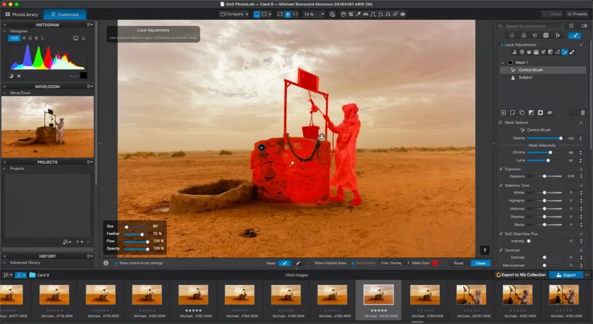 DxO PhotoLab 10: Yaratıcı Kontrolden Vazgeçmeden Daha Hızlı RAW Düzenleme 27 DxO PhotoLab yazılım arayüzünün ekran görüntüsünde, kuyunun başındaki bir kişinin yer aldığı çöl sahnesi görülüyor; yerel ayarlamalar için kişiye ve kuyu yapısına kırmızı bir maske uygulanmış.
