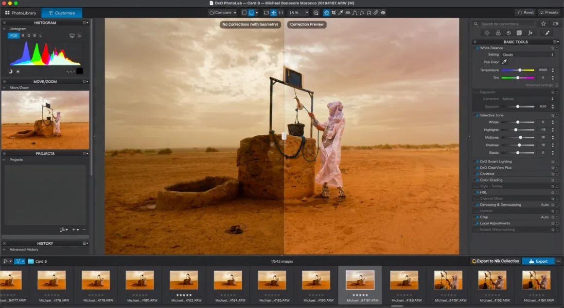 DxO PhotoLab 10: Yaratıcı Kontrolden Vazgeçmeden Daha Hızlı RAW Düzenleme 28 DxO PhotoLab yazılımındaki bölünmüş ekran görünümünde, kuyunun başında geleneksel kıyafetli bir kişinin bulunduğu çöl sahnesi gösteriliyor; sol tarafta özgün görüntü, sağ tarafta ise renk düzeltmeleri uygulanmış sürüm yer alıyor.