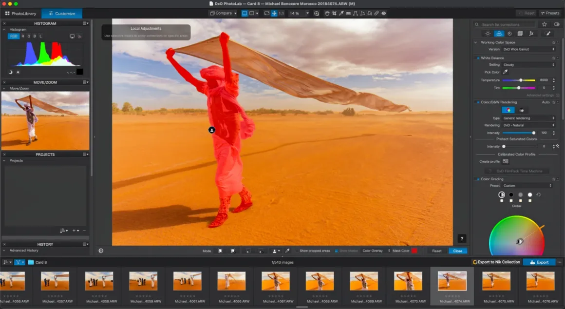 DxO PhotoLab 10: Yaratıcı Kontrolden Vazgeçmeden Daha Hızlı RAW Düzenleme 19 DxO PhotoLab düzenleme yazılımında, çölde büyük bir kumaş tutan geleneksel kıyafetli bir kişi kırmızı bir maskeyle vurgulanıyor.