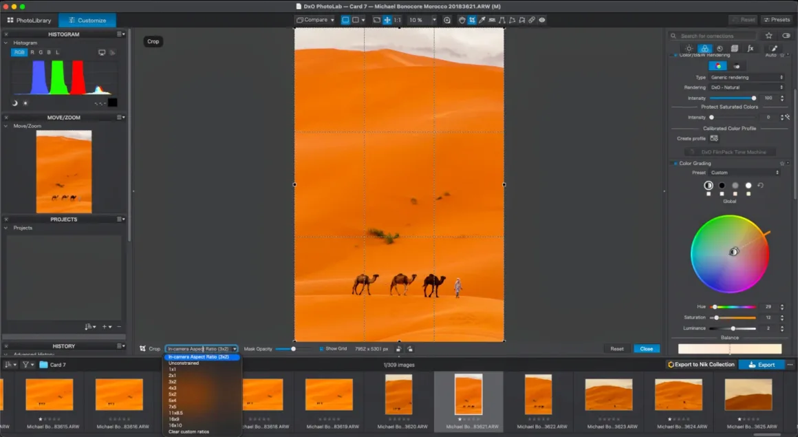 DxO PhotoLab 10: Yaratıcı Kontrolden Vazgeçmeden Daha Hızlı RAW Düzenleme 32 Bilgisayar ekranındaki DxO PhotoLab yazılım arayüzünde, develerin ve kum tepelerinde yürüyen bir kişinin yer aldığı çöl manzarası üzerinde dikey kırpma aracı etkin durumda görülüyor.