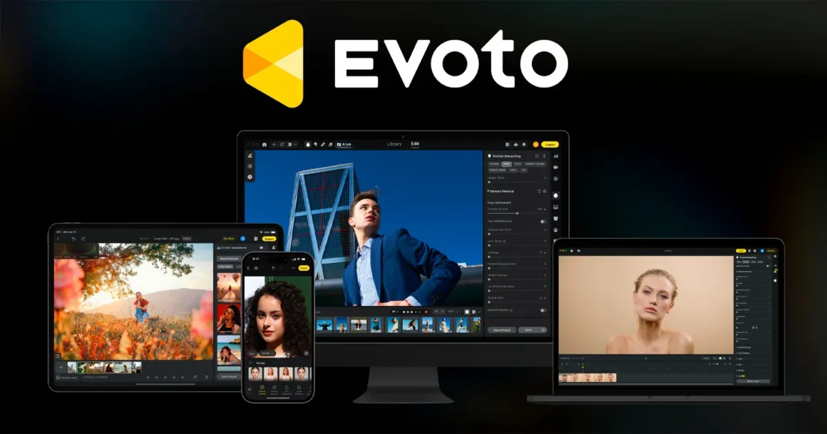 Evoto 8.0: Videoda Portre Rötuşu, Akıllı Eleme ve Mobil Tethering
Evoto logosu, yazılım arayüzünün açık olduğu bir masaüstü monitörü, dizüstü bilgisayar, tablet ve akıllı telefonun üzerinde görüntüleniyor.