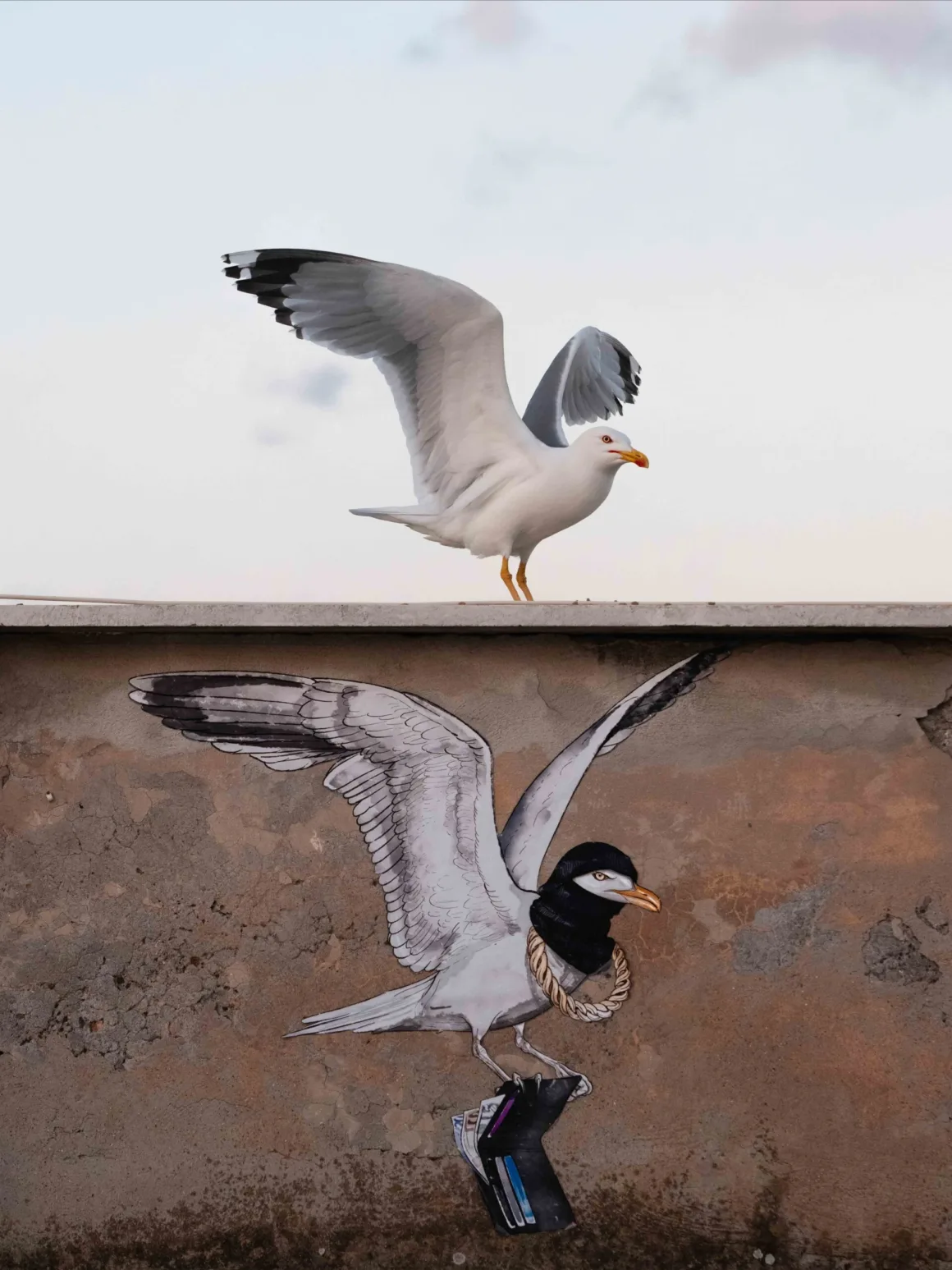 Bird Photographer of the Year 2026’dan Ödüllü Kuş Fotoğrafları 25 Gerçek bir martı, siyah kar maskesi ve altın zincir takmış, elinde cüzdan tutan bir martının resmedildiği duvar çiziminin üzerindeki çıkıntıda duruyor.