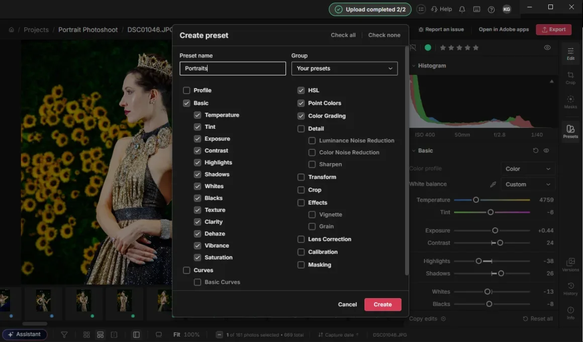 Adobe Lightroom web arayüzünde taç ve altın elbise giyen bir kadının portresi üzerinde ‘Ön ayar oluştur’ iletişim kutusu görülüyor.