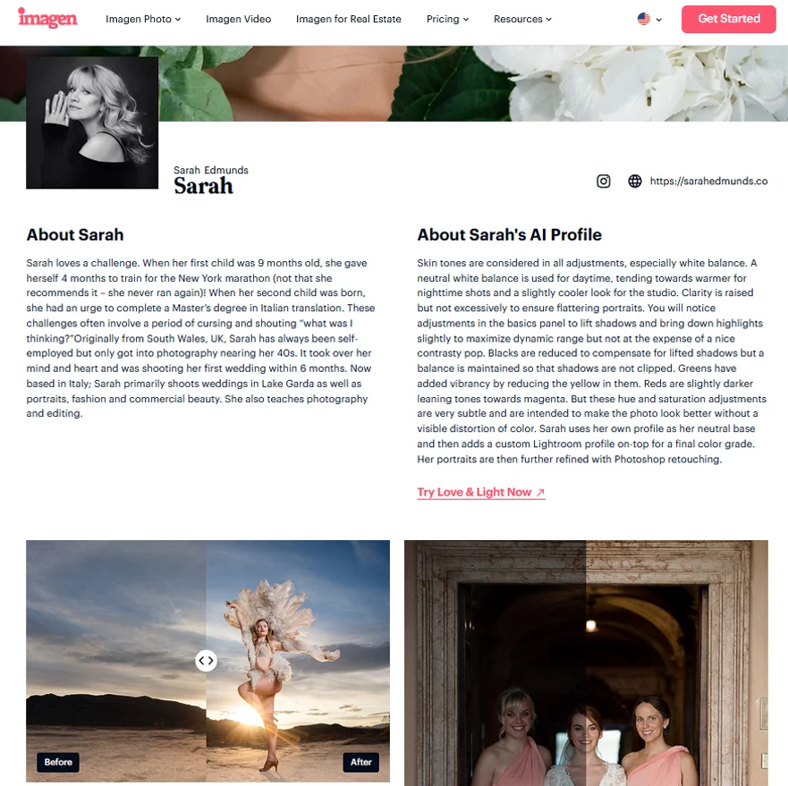 Sarah Edmunds’ın Imagen AI Profile sayfasında portresi, biyografisi, düzenleme stilinin açıklaması ve öncesi-sonrası fotoğraf örnekleri görülüyor.
