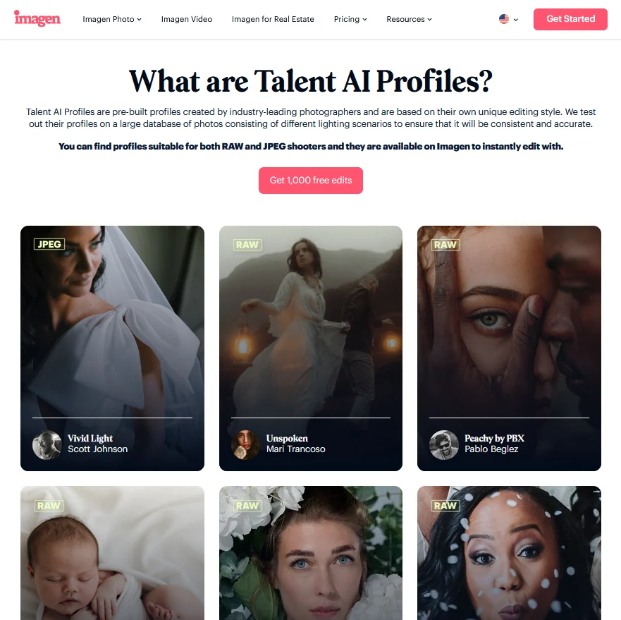 Imagen’ın Talent AI Profiles sayfasında RAW veya JPEG uyumluluk bilgileriyle birlikte altı farklı fotoğraf düzenleme profili görülüyor.