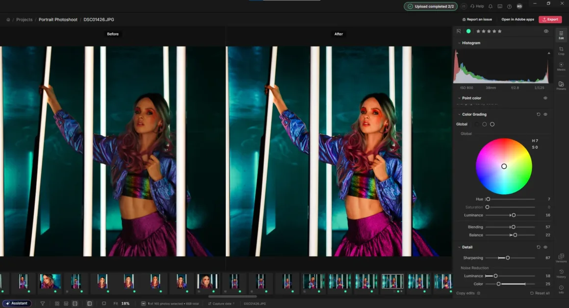 Adobe Lightroom’da renkli kıyafet giyen bir kadının portresinin düzenleme öncesi ve sonrası karşılaştırması ile sağ tarafta düzenleme panelleri görülüyor.