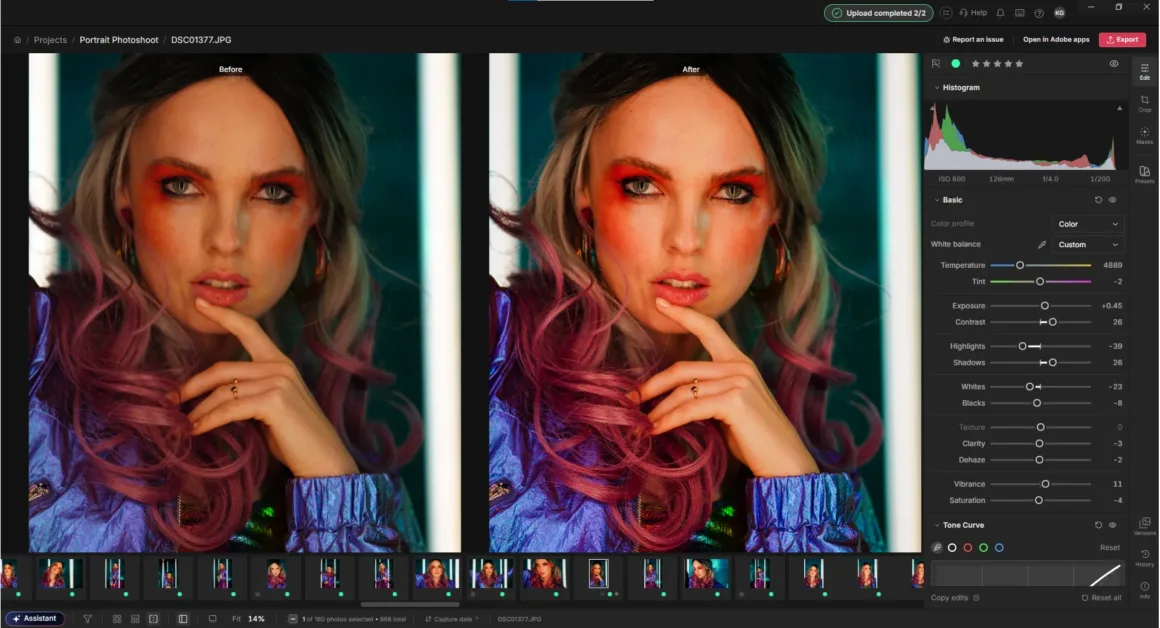 Adobe Lightroom’da pembe tutamlı saçları ve canlı makyajıyla poz veren bir kadının düzenleme öncesi ve sonrası karşılaştırması görülüyor.