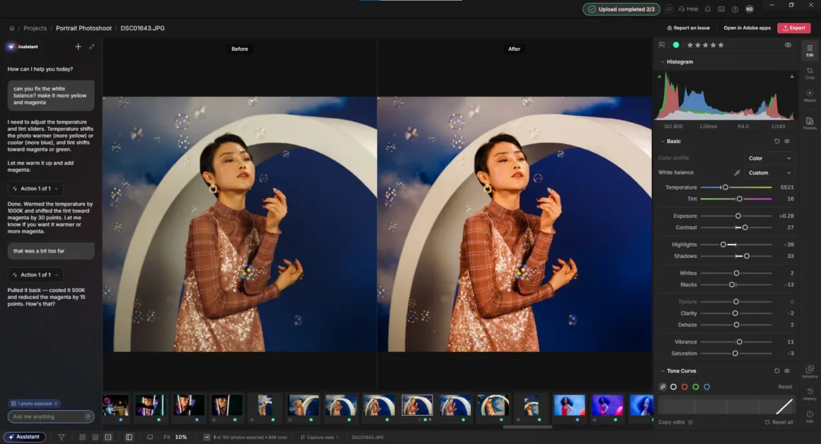 Adobe Lightroom arayüzünde payetli elbise giyen ve baloncuklarla çevrili bir kadının portresi; sağda düzenleme panelleri, solda yapay zekâ asistanı sohbet alanı görülüyor.