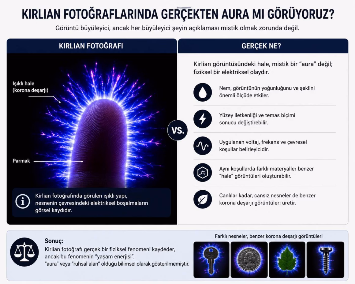 Bir parmak çevresindeki elektriksel koronayı mistik aura çağrışımıyla birleştiren editoryal görsel