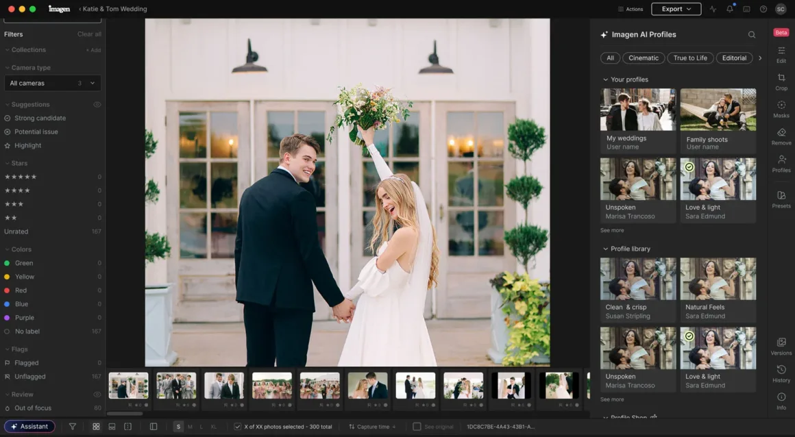 Imagen, Yapay Zekâ Destekli Çalışma Alanına Tam Manuel RAW Düzenleme Ekledi 22 A digital interface displays a wedding photograph of a bride and groom holding hands in front of a white building, surrounded by editing software menus and thumbnails.
