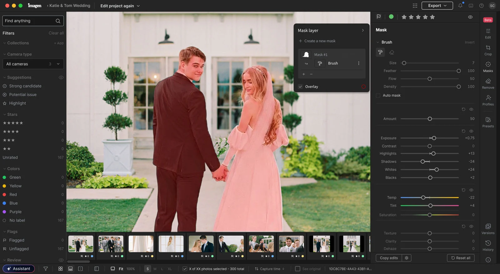 Imagen, Yapay Zekâ Destekli Çalışma Alanına Tam Manuel RAW Düzenleme Ekledi 23 A photo editing software interface displays a bride and groom walking away from the camera in front of a building, with a mask layer panel and adjustment sliders visible on the right.