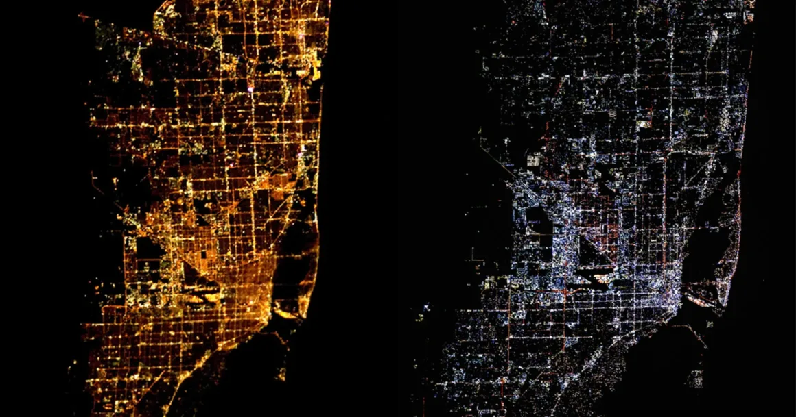 Astronotun Önce-Sonra Fotoğrafları Kentlerin Turuncudan Beyaz Işığa Geçişini Gösteriyor 18 LED şehir ışıkları
Geceleri aynı kenti karşılaştıran görüntü; solda sıcak turuncu sodyum ışıkları, sağda daha serin mavi tonlu LED ışıkları görülüyor.