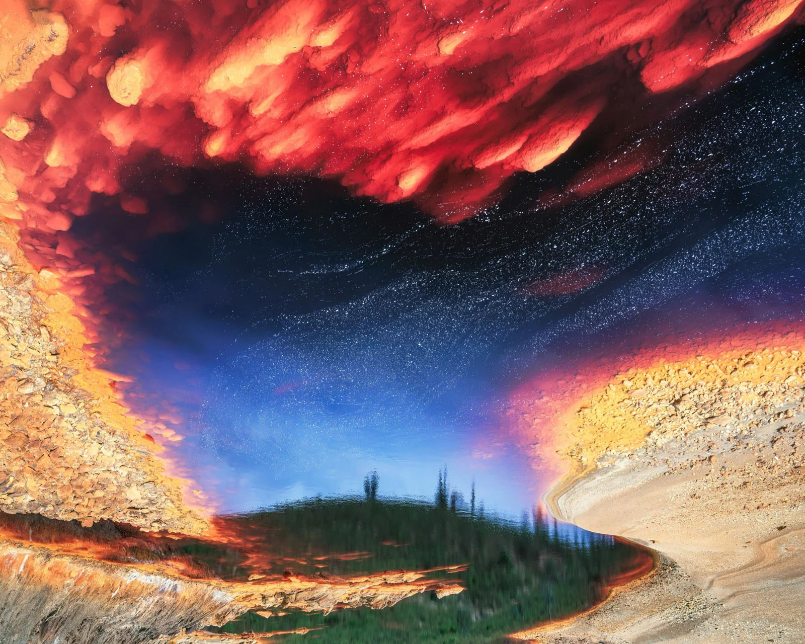Natural Landscape Photography Awards 2026’nın Kazananları Açıklandı 24 A surreal, inverted landscape shows a starry night sky reflected in a pool of water, framed by rocky, orange-hued terrain.