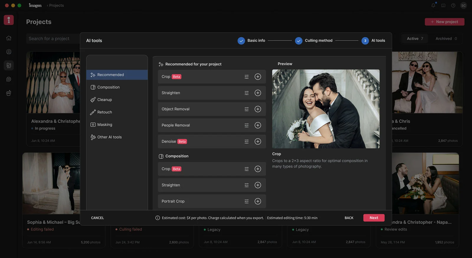 Imagen, Yapay Zekâ Destekli Çalışma Alanına Tam Manuel RAW Düzenleme Ekledi 25 A software interface window titled AI tools displays a list of editing features like Crop, Straighten, and Object Removal, with a preview of a couple on the right and a Next button at the bottom.