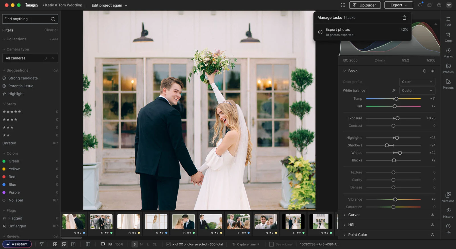 Imagen, Yapay Zekâ Destekli Çalışma Alanına Tam Manuel RAW Düzenleme Ekledi 24 A bride and groom hold hands and walk away from the camera in front of a building with glass doors, as seen on a computer screen running photo editing software.