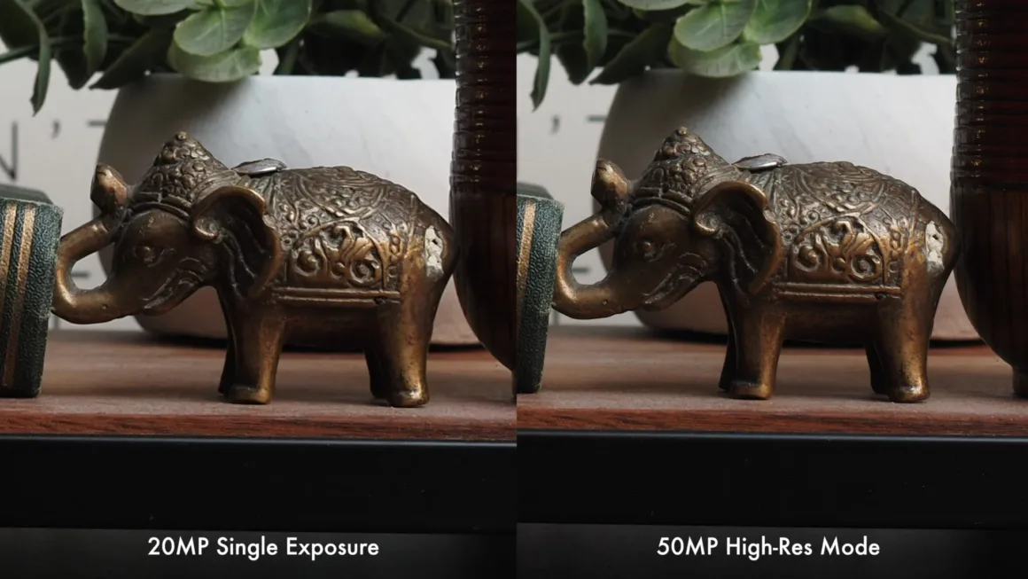 OM System PEN İncelemesi: Tanıdık Ama Son Derece Şık 42 A side-by-side comparison of a bronze elephant figurine, labeled "20MP Single Exposure" on the left and "50MP High-Res Mode" on the right.
