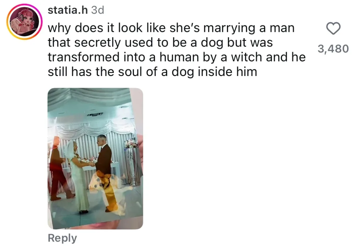 Düğün Fotoğrafları Yanlışlıkla Kedi ve Köpek Kareleriyle Çift Pozlandı 28 A social media post shows a photograph of a wedding ceremony where a dog's face is superimposed over the groom's legs, accompanied by a comment questioning if the groom was once a dog transformed into a human.