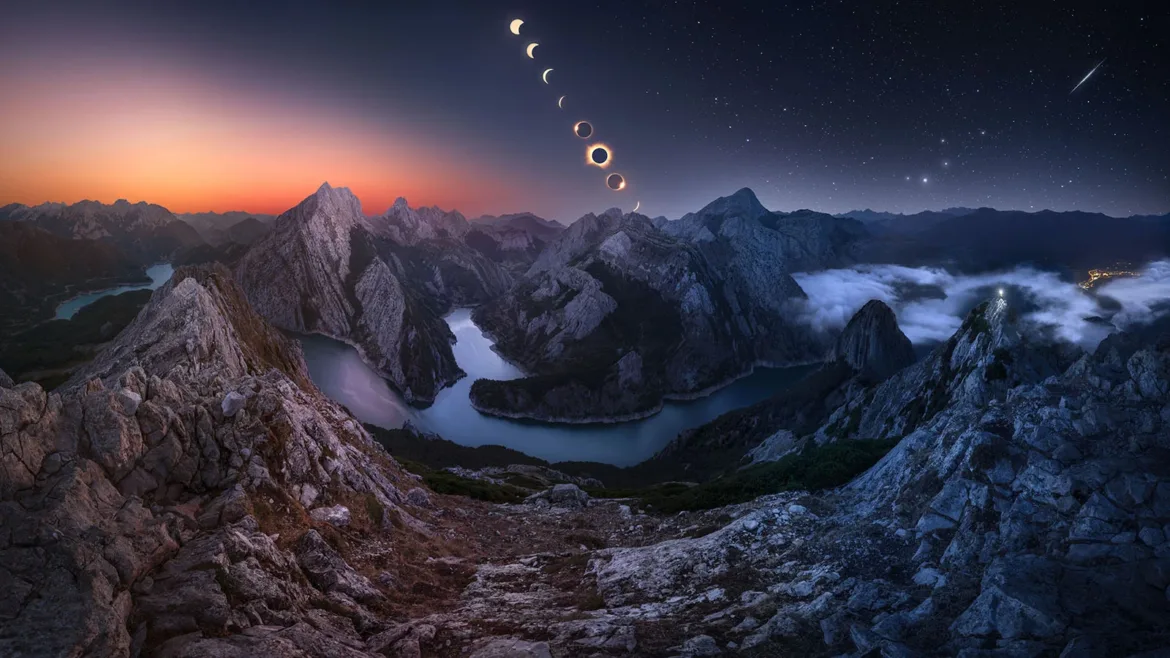 A composite view of a solar eclipse sequence above a mountain range with a winding river, transitioning from sunset to a starry night.