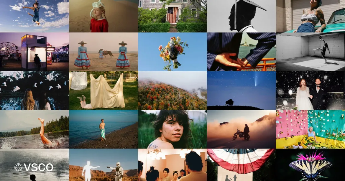 A grid of 25 diverse photographs featuring people, landscapes, nature, and artistic compositions, with a VSCO logo in the bottom left corner.
