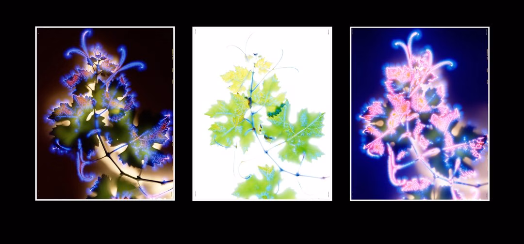Robert Buelteman’ın elektriksel ışımayla çevrelenmiş Vitus vinifera fotogramı