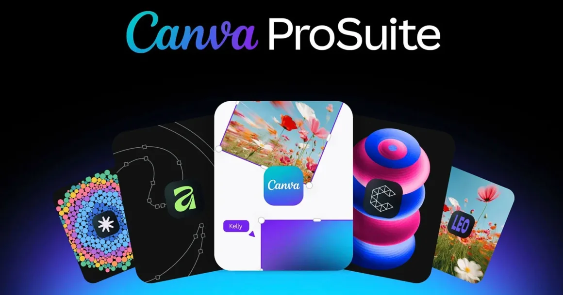 Affinity 3.3, Ücretsiz Uygulamanın RAW Fotoğraf İşleme Gücünü Artırıyor 17 Canva ProSuite yazısının altında tasarım öğeleri ve uygulama simgeleri taşıyan renkli kartlar.