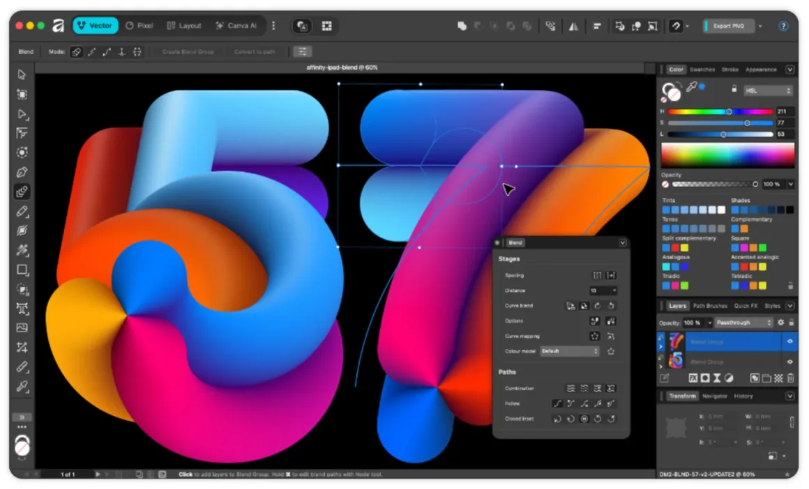 Affinity 3.3, Ücretsiz Uygulamanın RAW Fotoğraf İşleme Gücünü Artırıyor 18 Canlı renk geçişleriyle hazırlanmış 5 ve 7 rakamlarını ve Blend aracı ayarlarını gösteren tasarım arayüzü.