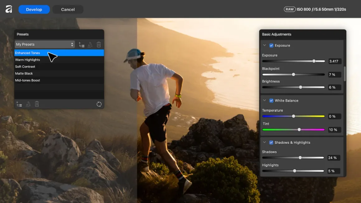 Affinity 3.3, Ücretsiz Uygulamanın RAW Fotoğraf İşleme Gücünü Artırıyor 20 Kayalık yamaçta koşan kişiyi, hazır ayarlar ve temel ayar kontrolleriyle gösteren fotoğraf düzenleme arayüzü.