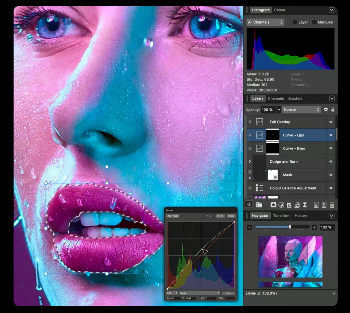 Affinity 3.3, Ücretsiz Uygulamanın RAW Fotoğraf İşleme Gücünü Artırıyor 21 Pembe ve mavi ışıklarla aydınlatılmış bir portreyi, katmanlar ve eğri paneliyle gösteren Affinity arayüzü.