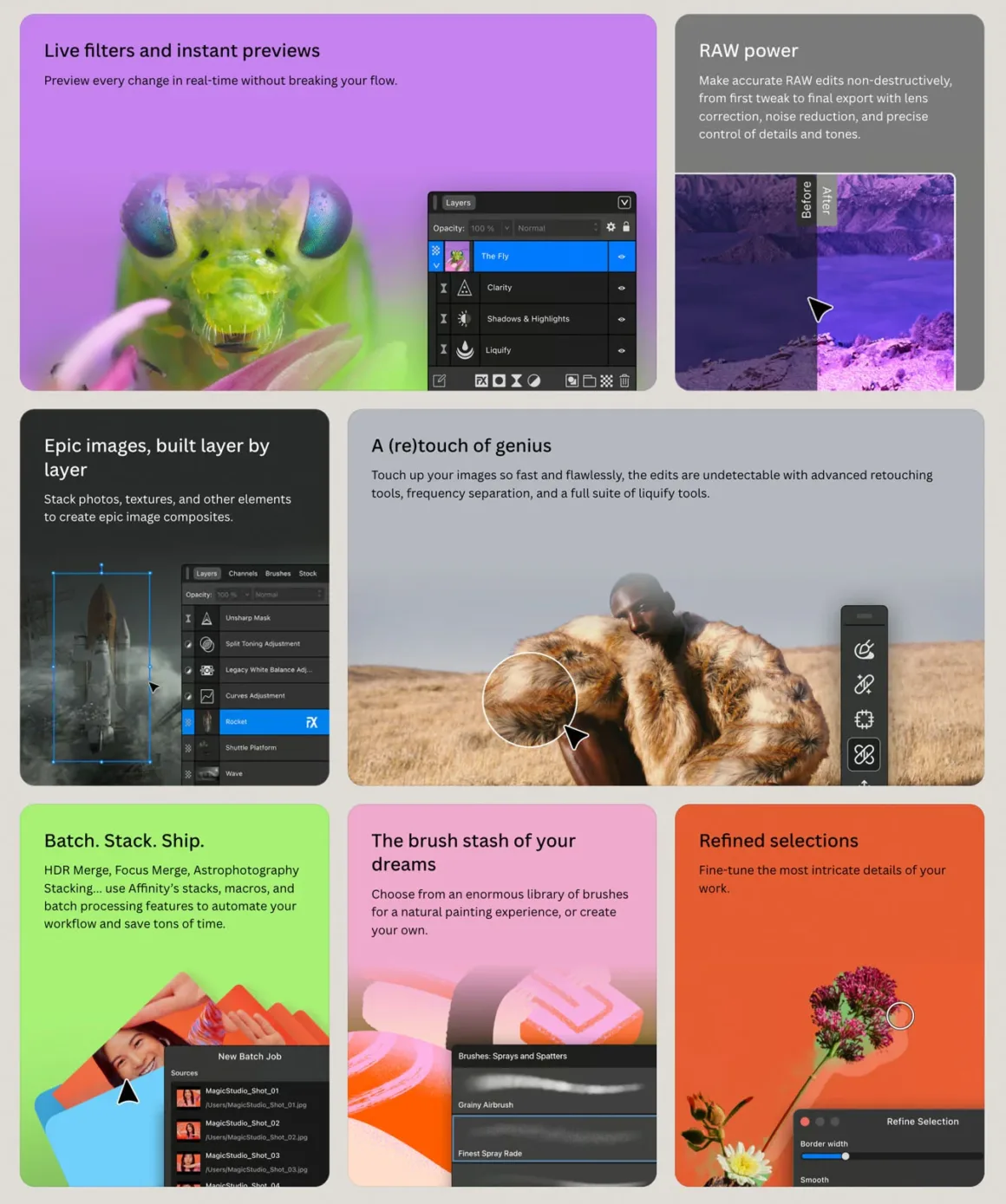 Affinity 3.3, Ücretsiz Uygulamanın RAW Fotoğraf İşleme Gücünü Artırıyor 22 Katman yönetimi, rötuş ve toplu işleme gibi fotoğraf düzenleme özelliklerini gösteren sekiz panelli görsel.