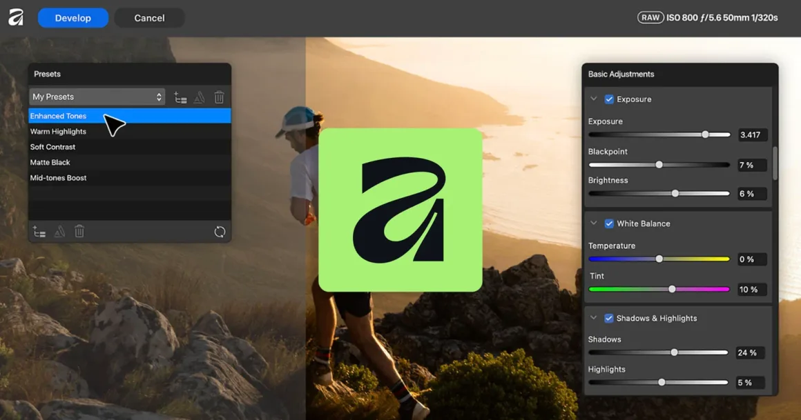 Affinity 3.3, Ücretsiz Uygulamanın RAW Fotoğraf İşleme Gücünü Artırıyor 16 Kayalık bir patikada koşan kişinin fotoğrafını, solda hazır ayarlar ve sağda temel ayar kaydırıcılarıyla gösteren Affinity arayüzü.