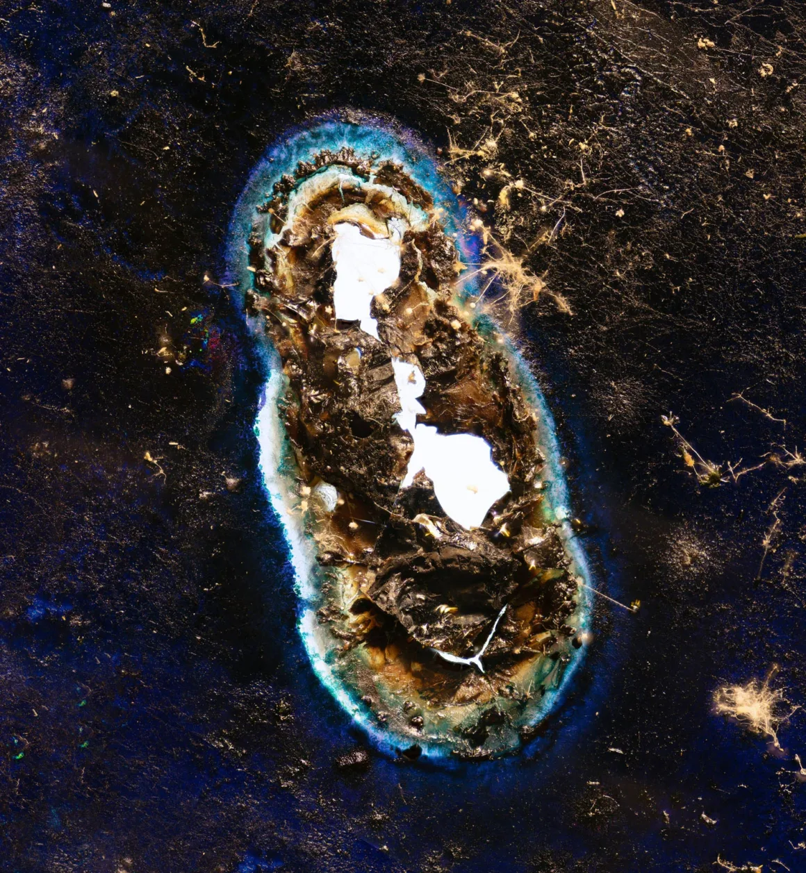 Astronomy Photographer of the Year 2026: Bu Dünyadan Olmayan 31 Kazanan 51 A dark, textured surface features a central, irregular hole surrounded by a vibrant blue and white ring, with scattered light-colored fibers across the background.