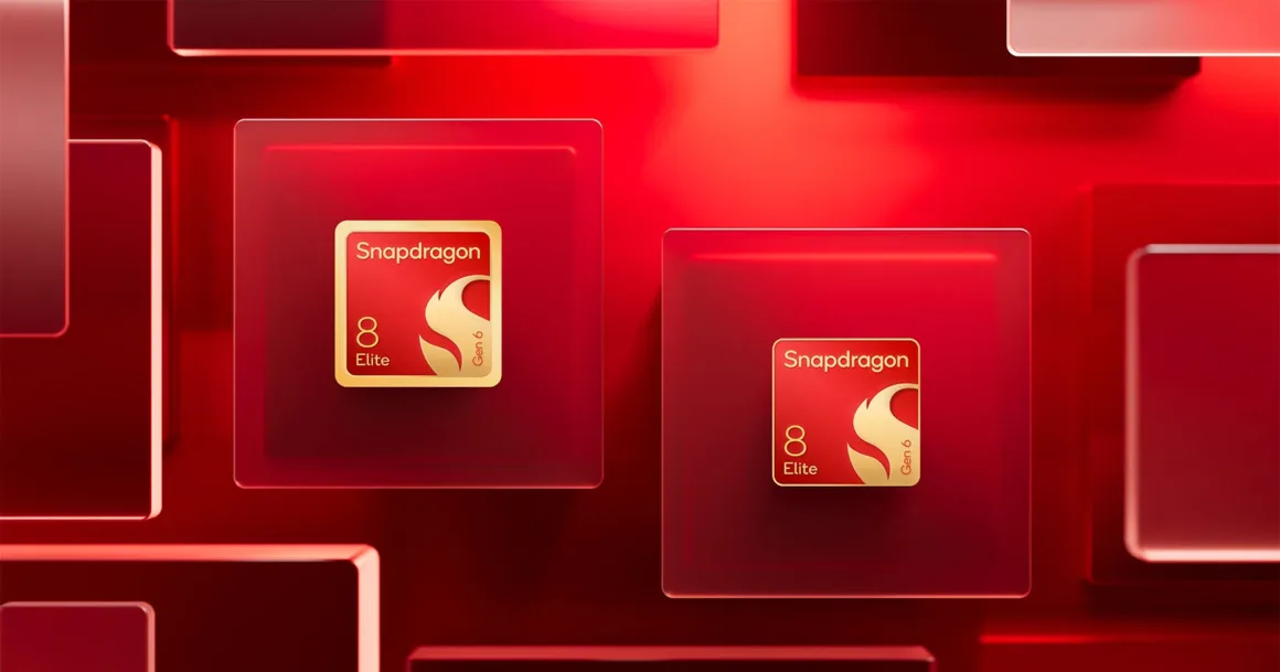 Altın renkli iki Snapdragon 8 Elite işlemci simgesi, kırmızı arka plan üzerinde yarı saydam ve katmanlı kare blokların ortasında yer alıyor.