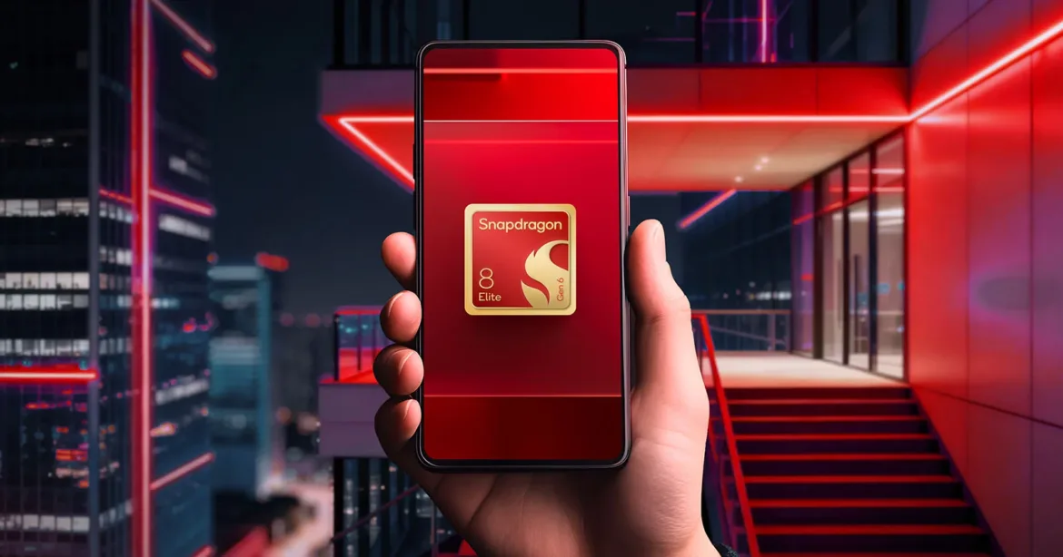 A hand holds a smartphone displaying a gold Snapdragon 8 Elite logo against a red background, set against a modern building at night.