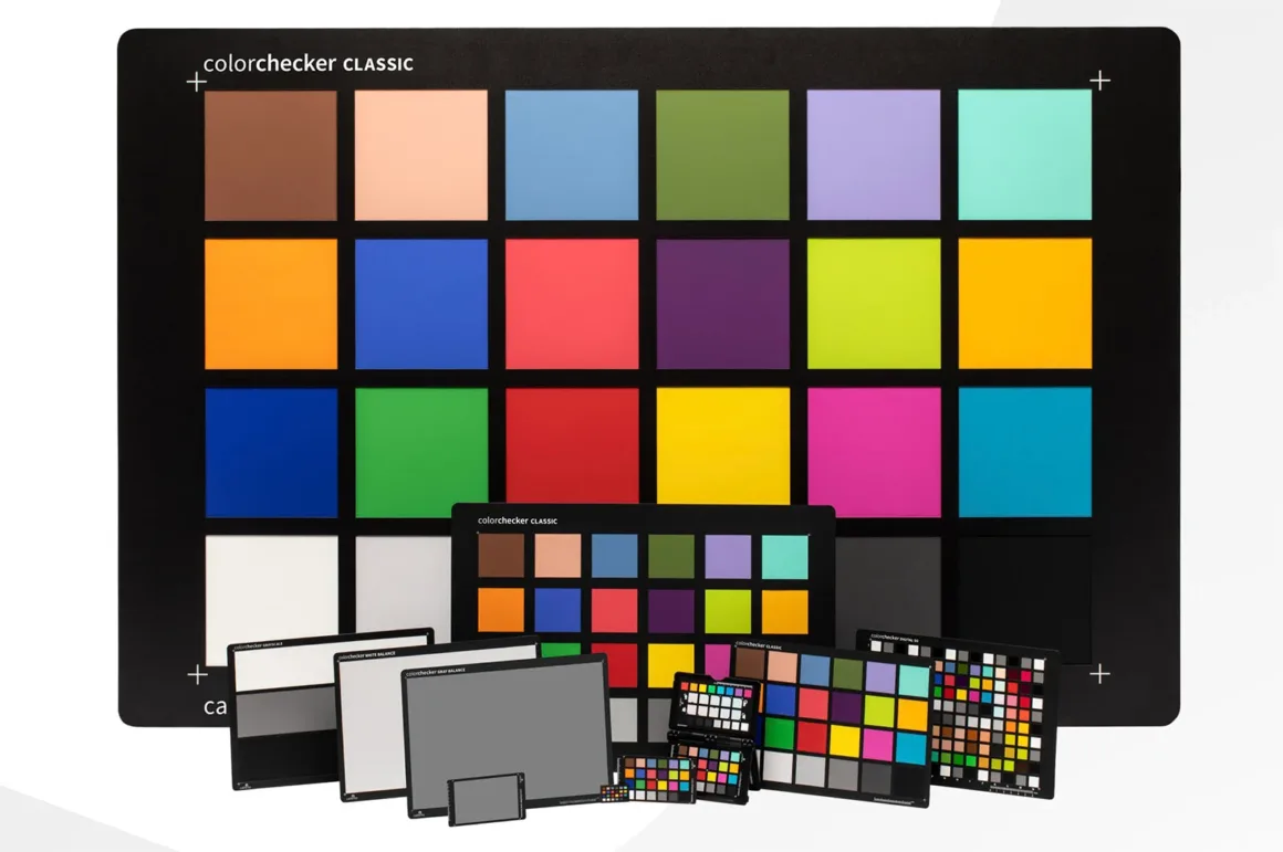Fotoğrafçıların Renkli Dostu ColorChecker 50 Yaşında 21 Farklı boyutlardaki Calibrite ColorChecker renk kalibrasyon kartları beyaz bir zeminde sıralanıyor.