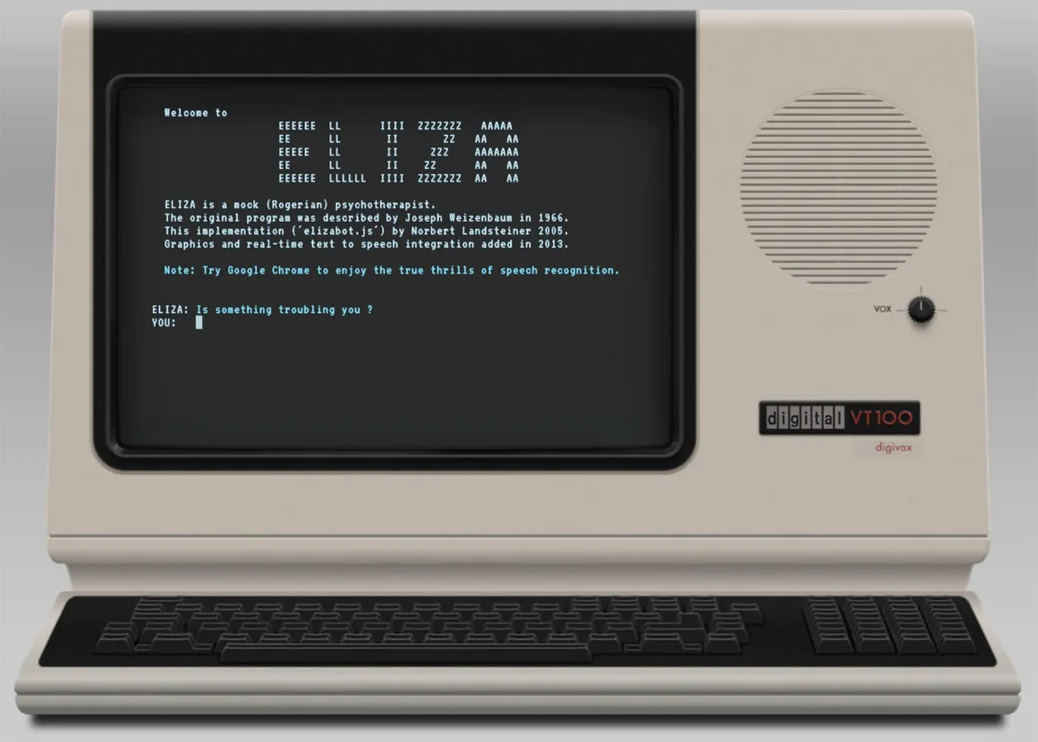 Yapay Zekâ Sohbet Botları İkilemi 19 Ekranında ELIZA sohbet botu programının görüntülendiği, altında klavyesi bulunan eski tip bir bilgisayar terminali.