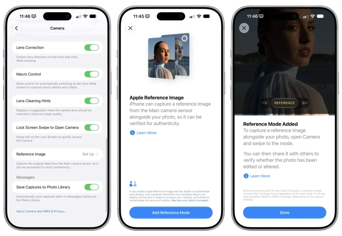 Apple Reference Image: “Doğrulanabilir Fotoğraflar” İçin Yeni Standart mı? 18 iPhone’da Reference Image modunun kurulum sürecini gösteren ekran görüntüleri.